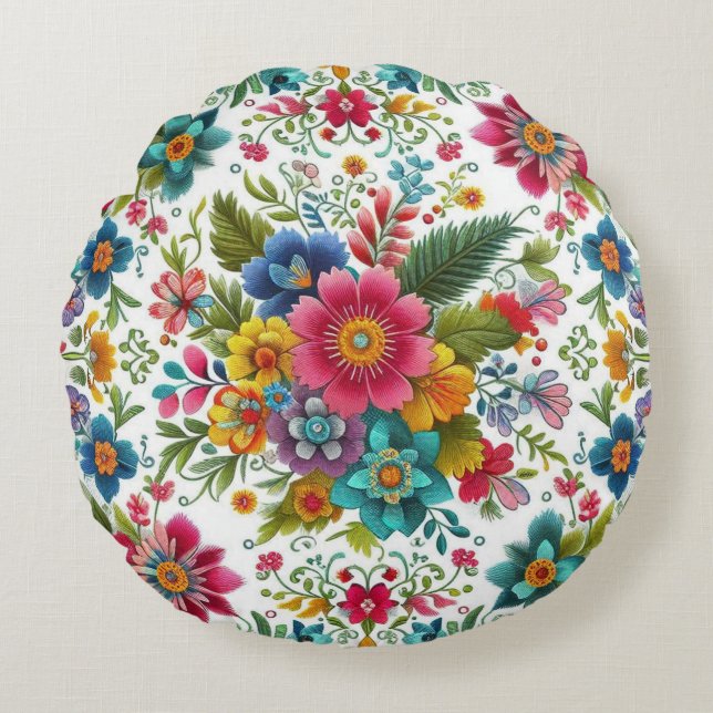 Teal Pink Yellow Colourful Embroidery Style Flower Round Cushion (Front)