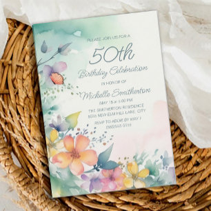 Teal Pink Yellow Pastel Flowers 50th Birthday Invitation