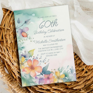Teal Pink Yellow Pastel Flowers 60th Birthday Invitation