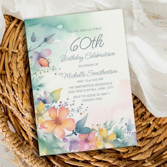 Teal Pink Yellow Pastel Flowers 60th Birthday Invitation (Teal, pink, yellow floral 60th birthday party invitation)