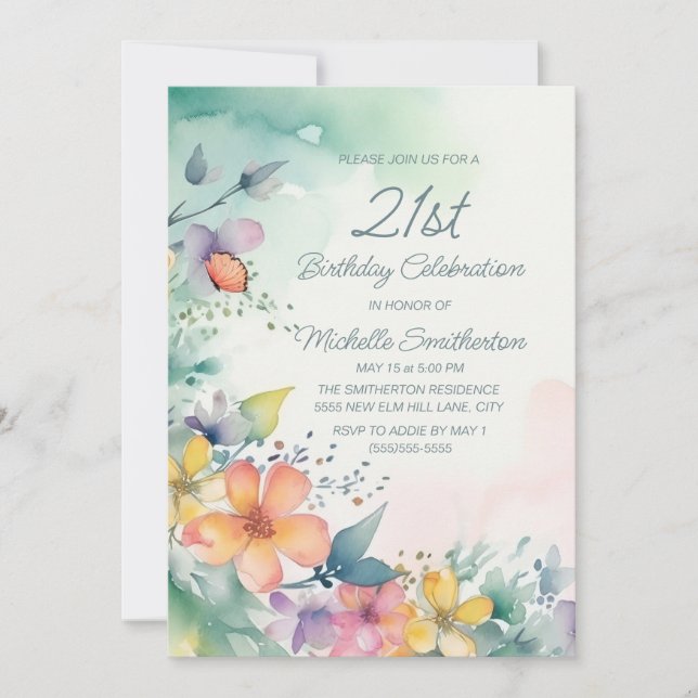 Teal Pink Yellow Watercolor Flowers 21st Birthday Invitation (Front)