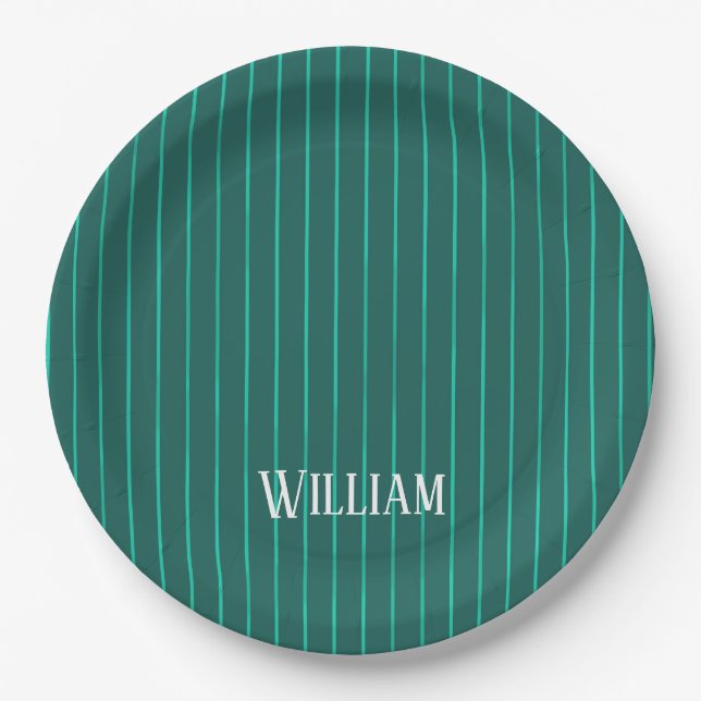 Teal pinstripes paper plate (Front)