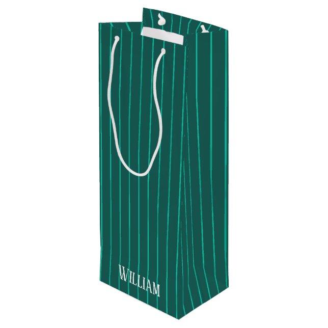 Teal pinstripes wine gift bag (Back Angled)