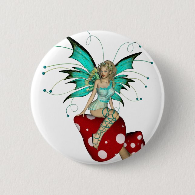 Teal Pixie & Mushrooms 3D 6 Cm Round Badge (Front)