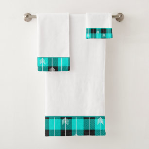 Teal plaid and arrows bath towel set