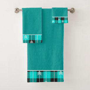 Teal plaid and arrows bath towel set