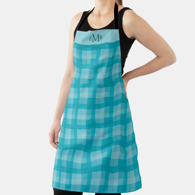 Teal Plaid Custom Monogram Initials Apron (Insitu)