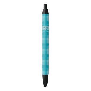 Teal Plaid Custom Monogram Initials  Black Ink Pen