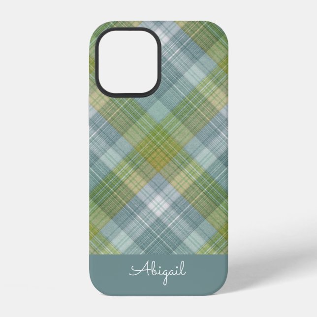 Teal Plaid Elegant Script Name iPhone Case (Back)