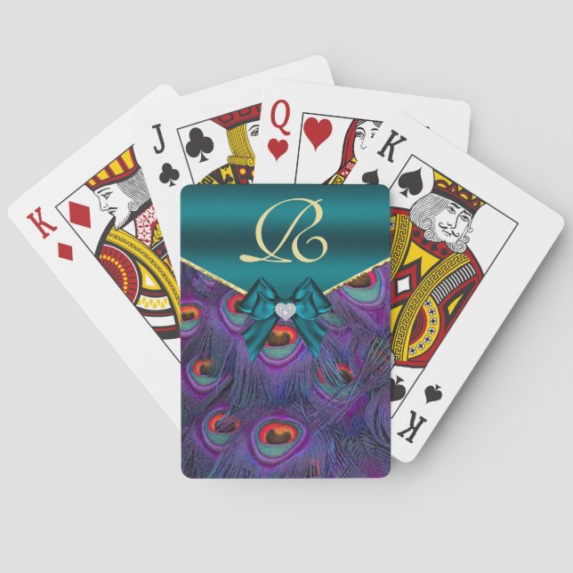 Teal Plum Peacock Monogram Playing Cards (Back)