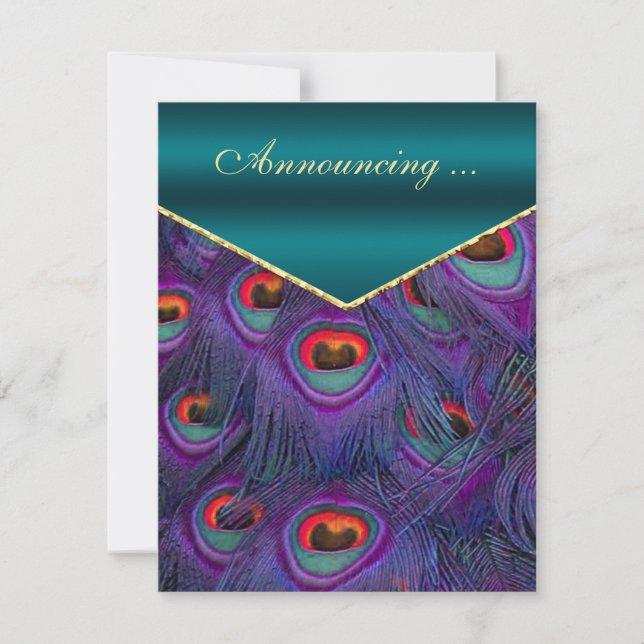 Teal Plum Peacock Wedding Announcement (Front)