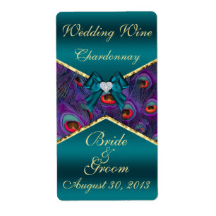 Teal Plum Peacock Wedding Wine Label