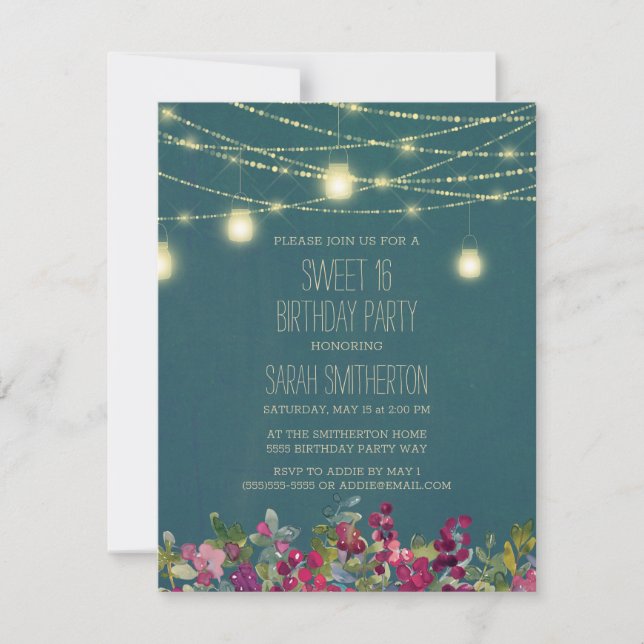 Teal Plum Purple Floral String Lights Sweet 16 Invitation (Front)