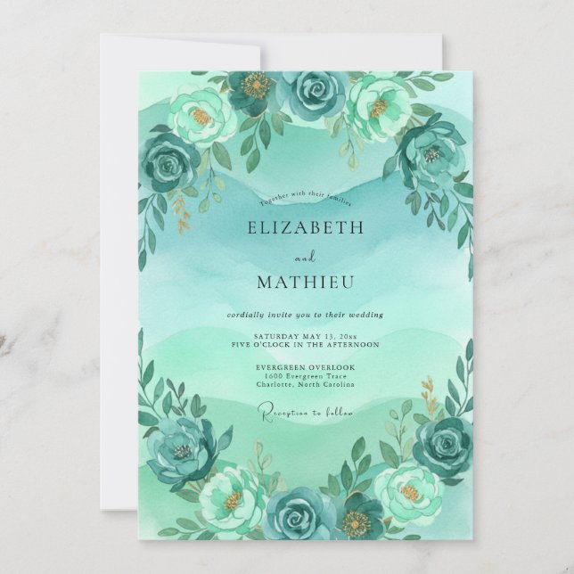 Teal Poetic Watercolor Wedding Invitation (Front)
