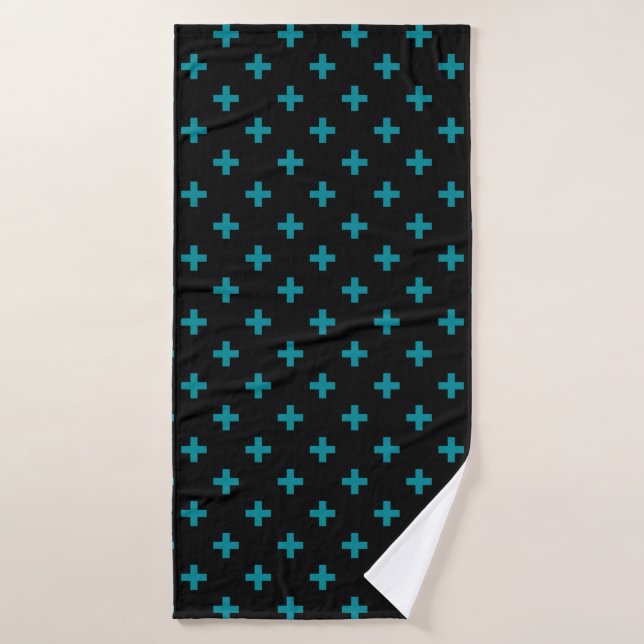Teal polka crosses on black bath towel (Bath Towel)
