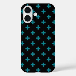 Teal polka crosses on black iPhone 16 case