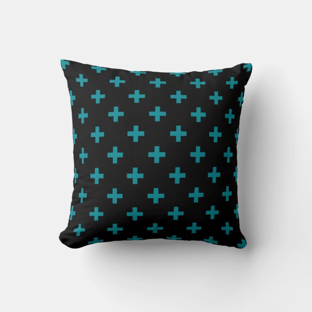 Teal polka crosses on black cushion (Front)