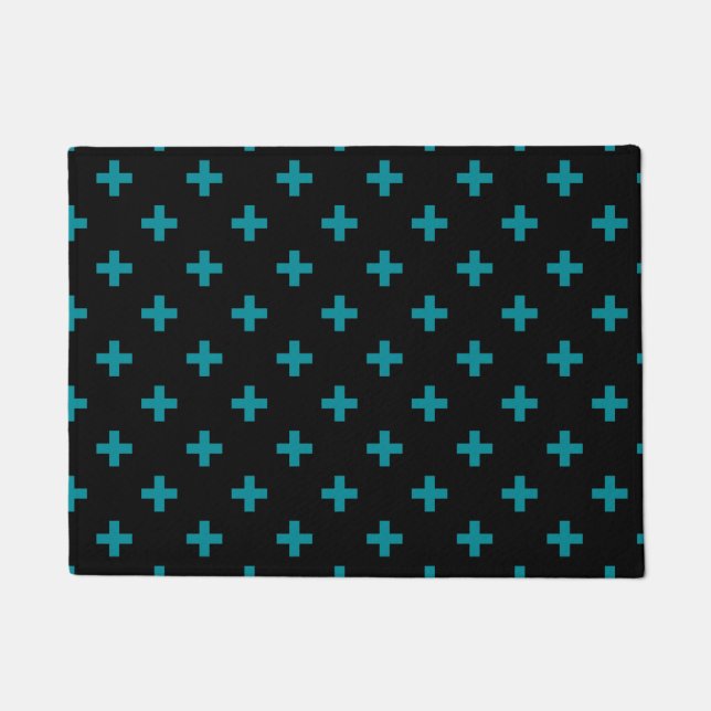 Teal polka crosses on black doormat (Front)