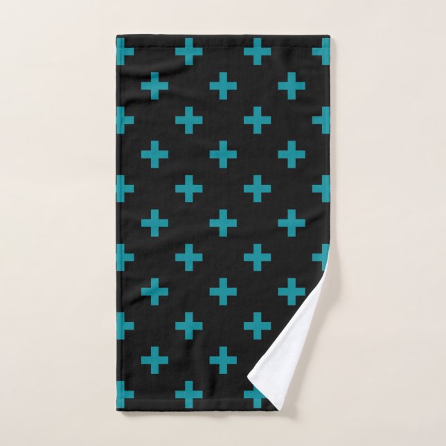 Teal polka crosses on black hand towel (Hand Towel)