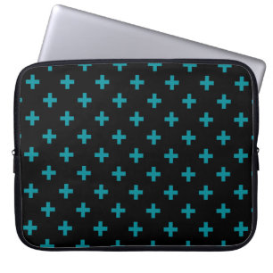 Teal polka crosses on black laptop sleeve