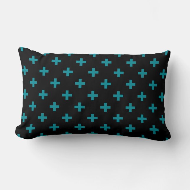 Teal polka crosses on black lumbar cushion (Front)