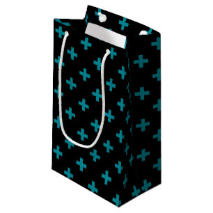 Teal polka crosses on black small gift bag