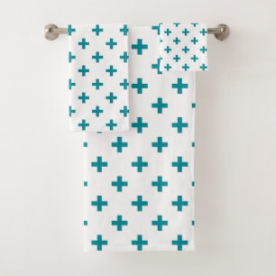 Teal polka crosses on white bath towel set