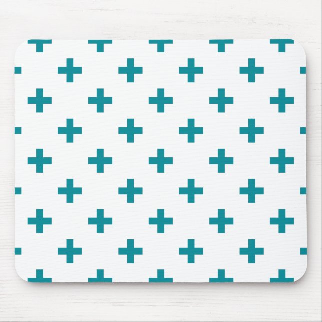 Teal polka crosses on white mouse pad (Front)