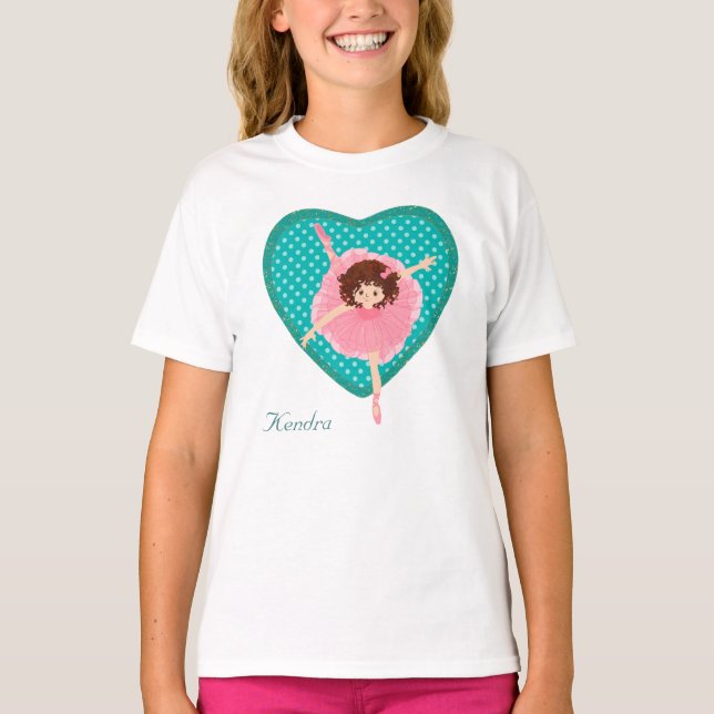 Teal Polkadot Heart Pink Ballerina T-Shirt (Front)