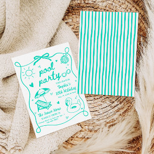 Teal Pool Party Birthday Invitation Hand Drawn