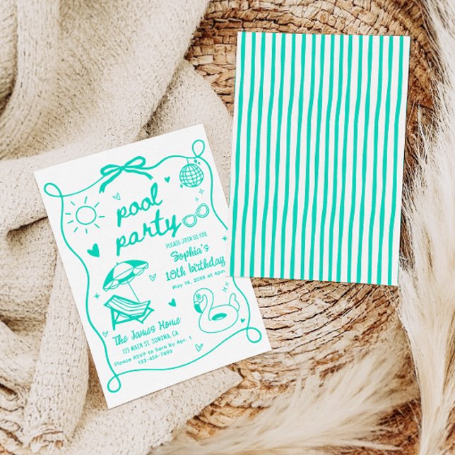 Teal Pool Party Birthday Invitation Hand Drawn (Creator Uploaded)