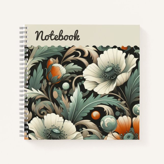  Teal Poppies & Golden Acanthus Square Notebook (Front)