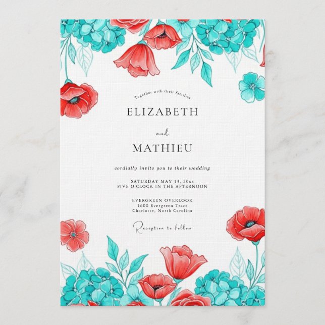 Teal Poppy Bloom Botanical Wedding Invitation (Front)