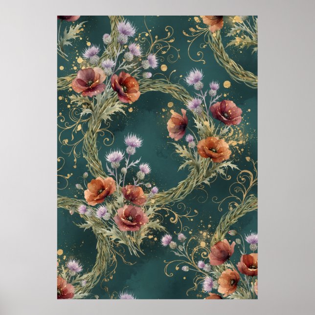 Teal Poppy Thistle Floral Wreath Poster (Front)