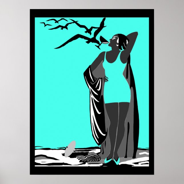 Teal Poster ART DECO LADY Black White birds (Front)