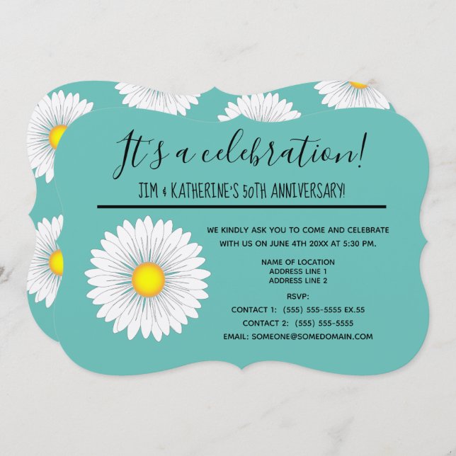 Teal Pretty Little Daisy 50th Wedding Anniversary Invitation (Front/Back)