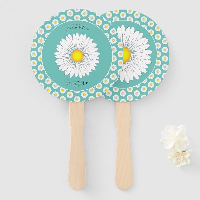 Teal Pretty Little Daisy Custom Round Hand Fan (Front and Back)