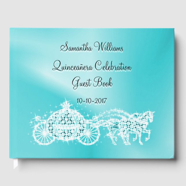 Teal Princess Coach & Horses Quinceañera Guest Book (Front)