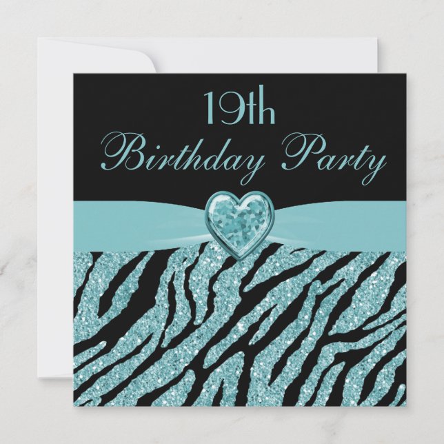 Teal Printed Heart & Zebra Glitter 19th Birthday Invitation (Front)