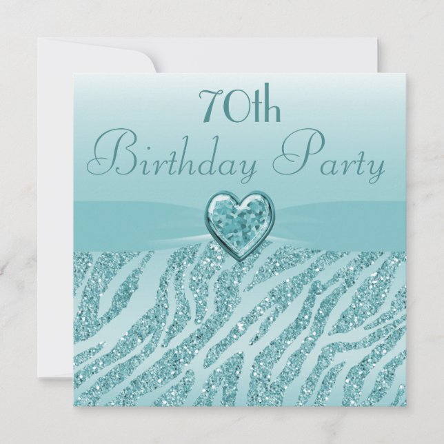 Teal Printed Heart & Zebra Glitter 70th Birthday Invitation (Front)