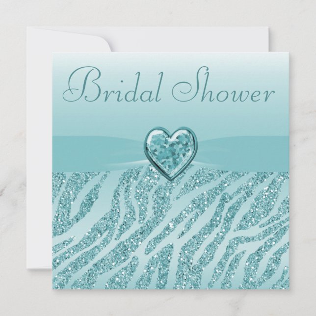 Teal Printed Heart & Zebra Glitter Bridal Shower Invitation (Front)