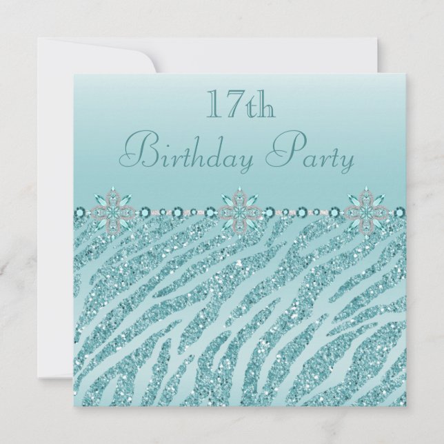 Teal Printed Jewels & Zebra Glitter 17th Birthday Invitation (Front)