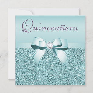 Teal Printed Sequins & Bow Quinceanera Invitation