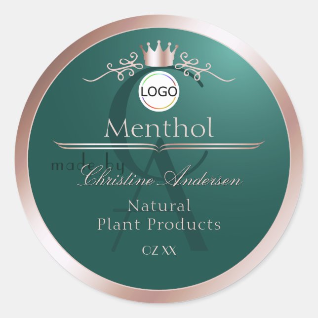 Teal Product Label Rose Gold Frame Logo Monogram (Front)