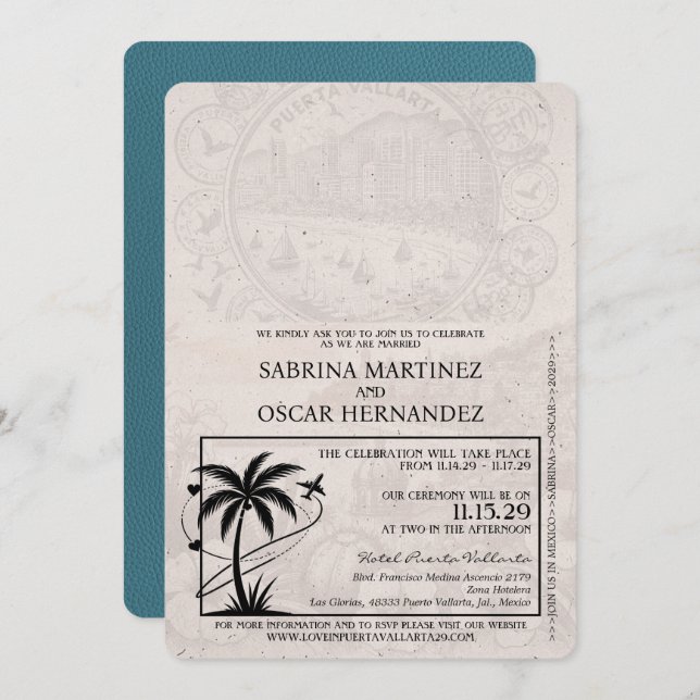 Teal Puerta Vallarta Passport Wedding Invitation (Front/Back)