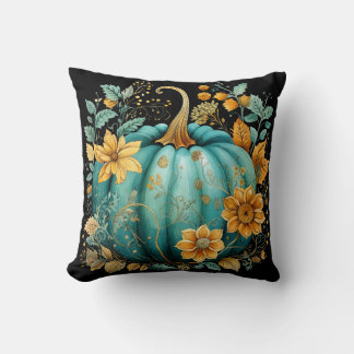 Teal Pumpkin Autumn Boho Fall Black Cushion