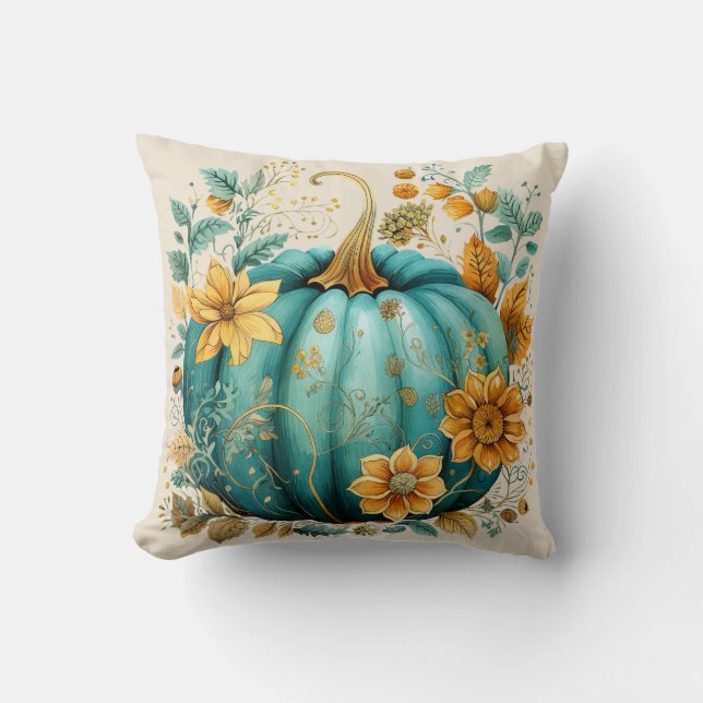 Teal Pumpkin Autumn Boho Fall Ecru Cushion (Front)