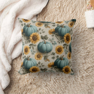 Teal Pumpkins and Golden Sunflowers Cushion