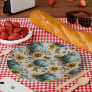 Teal Pumpkins and Golden Sunflowers Paper Plate