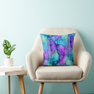 Teal Purple and Blue Watercolor Marble Cushion